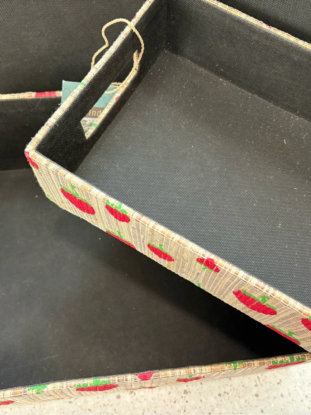 NWT Straw Woven Storage Boxes with Red Strawberry Print- 2 pack nesting